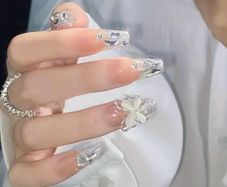 Butterly and Rhinestone Press on Nails in Silver Glitter