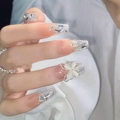 Butterly and Rhinestone Press on Nails in Silver Glitter