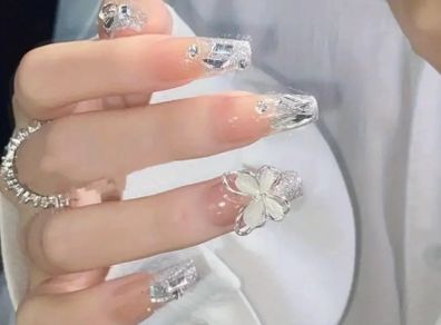 Butterly and Rhinestone Press on Nails in Silver Glitter