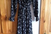Folkster Ladies Black floral long sleeve midi dress size S Uk 10 includes postage