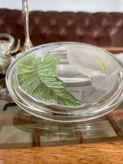 Vintage Calla Lily Oval Glass Lidded Dish Keepsake Box France