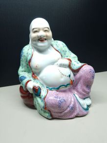 Vintage Chinese Laughing Buddha Figure  HandPainted Porcelain / Ceramic Approx. 18 cm