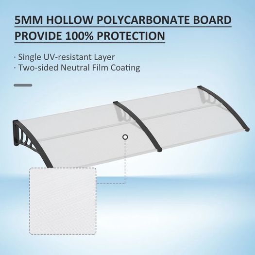 SPRING DEAL | 0.8 x 2m Window Awning, Modern Door Canopy, Curved Polycarbonate Cover Front Door Outdoor Patio w/Bracket