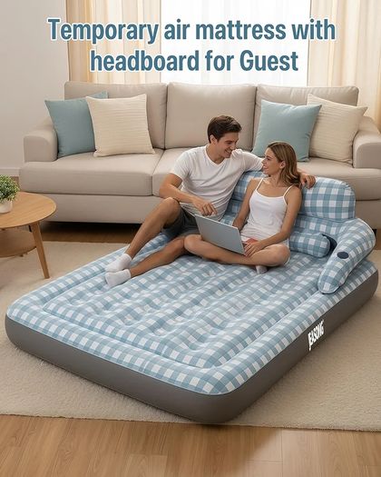 Blow Up Mattress King Size Inflatable Mattress with Headboard, 3 Mins Fast Inflation Air Bed, Air Mattress Double Blow Up Bed with Flocked Surface for Camping, Guest, Festivals, 203x152x23cm