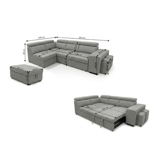 Grey Corner Sofa Bed + Storage + Footstool