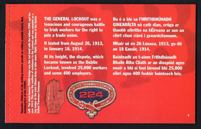 2013 Ireland Centenary of the General Lockout Commemorative Stamp Booklet Mint Never Hinged (MNH). Photos of contents shown.