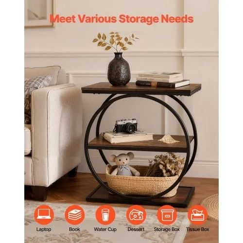 End Table, 3-Tier Narrow Side Table with Open Storage Shelves, Modern Nightstand Bedside Desk with Round Metal Frame, Wood Sofa Coffee Desk for Living Room, Bedroom, Office, Rustic Brown