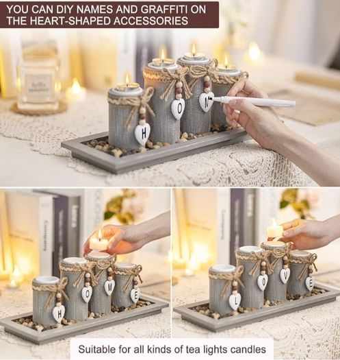Set of 4 with Wodden Tray, Tealight Holders Candlestick Holder, Table Centerpiece Home Decor Living Room Bedroom Decoration Mum Gift Birthday Wedding Christmas Party Ornaments