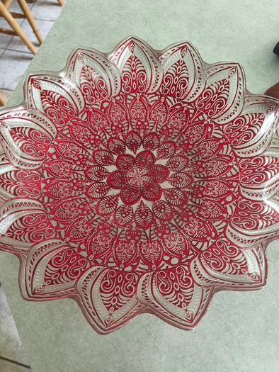 Vintage Large Turkish Art Decorative Center pice Plate. Red and silver / gold on the back .