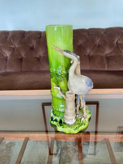 Antique Art Pottery Bretby Pottery 1890s Bamboo and Stork Large Spill Vase