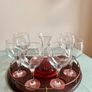 Vintage Wine Decanter Set 6 Large Goblets Brass Gallery Wood Tray Image 5
