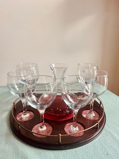 Vintage Wine Decanter Set 6 Large Goblets Brass Gallery Wood Tray