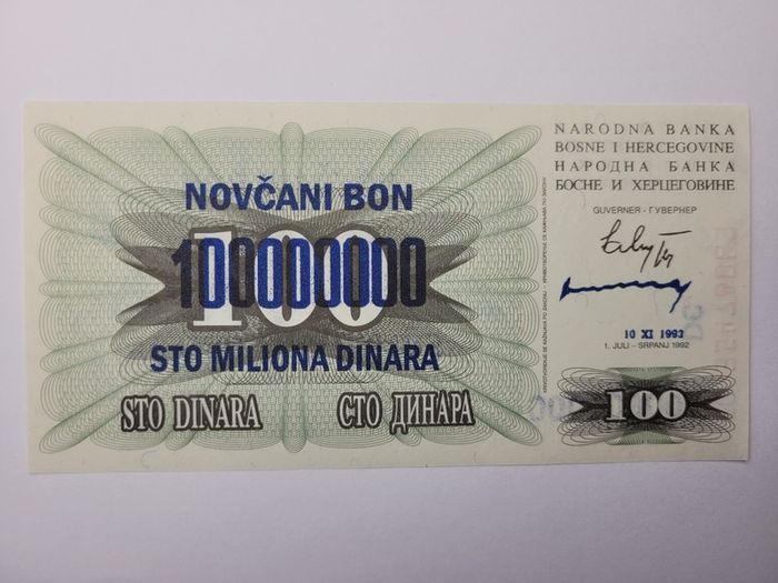 Bosnia - Herzegovina  100,000-100.000,000 Dinara, 1992-1994, 6 notes
