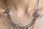 Handmade Beaded Necklace Blue Gold Bow Fairycore Coquette Y2K