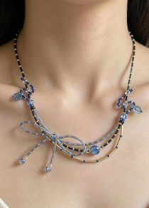 Handmade Beaded Necklace Blue Gold Bow Fairycore Coquette Y2K