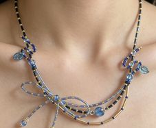 Handmade Beaded Necklace Blue Gold Bow Fairycore Coquette Y2K