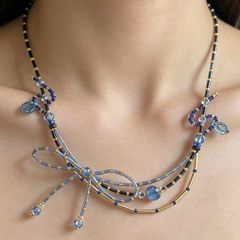 Handmade Beaded Necklace Blue Gold Bow Fairycore Coquette Y2K