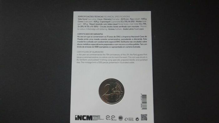 Portugal 2 Euro Commemorative Coin 2020 - 75th Anniversary of the UN BU. Blister Card.