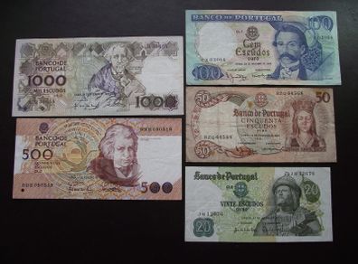 Portugal: 5 Notes: 1000e+500e+100e+50e+20e (1964-1989)