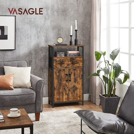Bathroom cabinet, sideboard, storage cabinet, adjustable shelf, steel frame, for living room, kitchen, industrial style, vintage brown-black