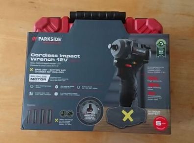 Bundle Set Of The Parkside Performance X12V Cordless Brushless Impact Wrench 1/2 Inch Drive Socket Set + Parkside X12V Cordless Ratchet + Square Adaptor 3/8 To 1/2 Inch + Battery + Charger And Carry Case.