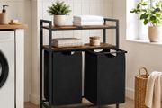 Laundry basket with 2 compartments  laundry basket, laundry collector, 2 compartments, 2 shelves, metal frame, 2 x 46 litres, 73 x 33 x 91 cm, vintage brown-
