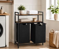 Laundry basket with 2 compartments  laundry basket, laundry collector, 2 compartments, 2 shelves, metal frame, 2 x 46 litres, 73 x 33 x 91 cm, vintage brown-
