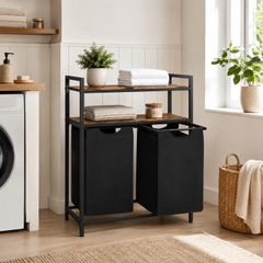 Laundry basket with 2 compartments  laundry basket, laundry collector, 2 compartments, 2 shelves, metal frame, 2 x 46 litres, 73 x 33 x 91 cm, vintage brown-