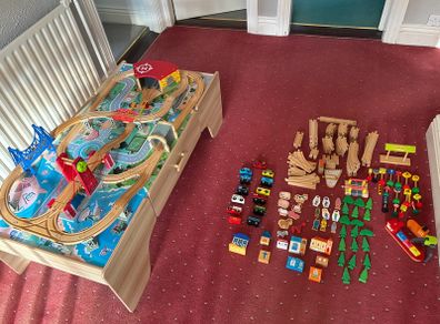 Wooden Train Table 100 piece set (plus two other smaller add-on sets)