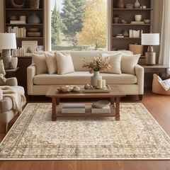 Washable Traditional Moroccan Rug for Sitting Room, Beige 160x230 Faux Wool Short Pile Non-Slip Area Rug