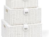 Set of 3 Resin Woven Storage Basket Box with Lid & Lock (White)