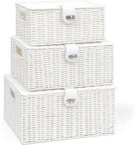 Set of 3 Resin Woven Storage Basket Box with Lid & Lock (White)