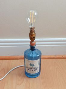 Drumshanbo Gunpowder Irish Gin bottle desk lamp with brass fittings and LED bulb   height 26cm