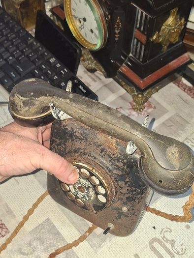 2 Black Metal Rotary Dial Telephone, Military Grade Version of their standard tabletop 1930s rotary sets