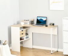 L-Shaped Corner Computer Desk Study Table PC Work w/ Storage Shelf Drawer Smooth Slide Office Home Workstation Space Saving  Light Brown