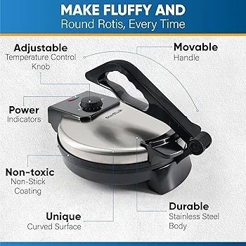 25.4cm Roti Maker Machine with Free Roti Heater and Removable Handle - Indian Chapati, Tortilla, Roti AC220-240V 50/60Hz 1200W