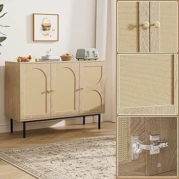 Sideboard Storage Cabinet, Kitchen Cupboard Storage with 3 Doors, Rattan Buffet Cabinet for Living Room, Dining Room, Kitchen, Hallway