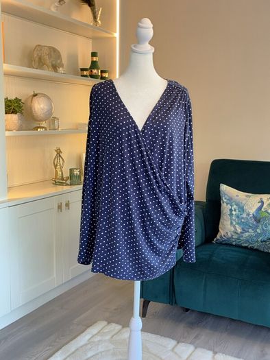 Navy Blue White Polka Dot Print V Neck Ruched Faux Wrap Top Blouse from So Fabulous
