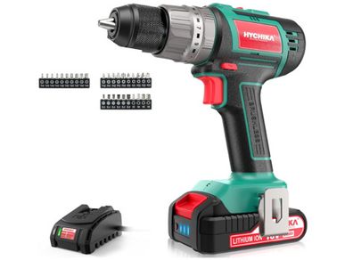 HYCHIKA Cordless Screwdriver 60 Nm Max, 18 V Drill, Brushless with 2.0 Ah Battery and 31 Pieces Accessory Set