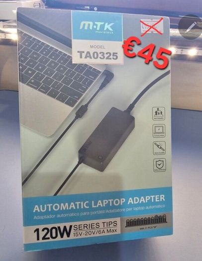 120W (MTK TA0325) Automatic Universal Laptop Charging Adapter, include 11pcs "M"series tips, Input: 110-240V 50Hz/60Hz 3A, Output: 15V-20V/6A 120W Max.