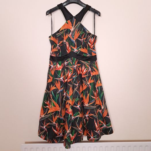 Karen Millen Black Orange Bird of Paradise Floral Halter Neck Fit and Flare Dress 14UK/42EU