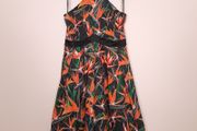 Karen Millen Black Orange Bird of Paradise Floral Halter Neck Fit and Flare Dress 14UK/42EU