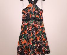 Karen Millen Black Orange Bird of Paradise Floral Halter Neck Fit and Flare Dress 14UK/42EU