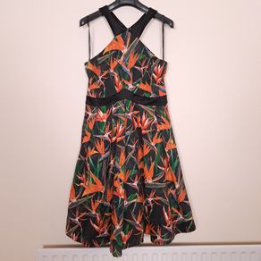 Karen Millen Black Orange Bird of Paradise Floral Halter Neck Fit and Flare Dress 14UK/42EU