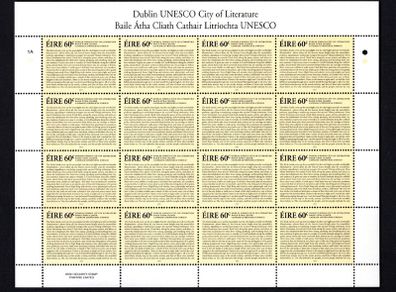 2013 Ireland Dublin UNESCO City of Work Literature Commemorative Stamps Sheetlet Plate 1A1A Mint Never Hinged (MNH)