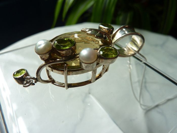 Large Modern Statement Citrine, Peridot & Pearl Pendant with Chain. Sterling Silver