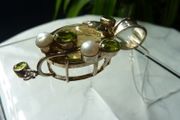Large Modern Statement Citrine, Peridot &amp; Pearl Pendant with Chain. Sterling Silver