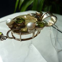 Large Modern Statement Citrine, Peridot & Pearl Pendant with Chain. Sterling Silver