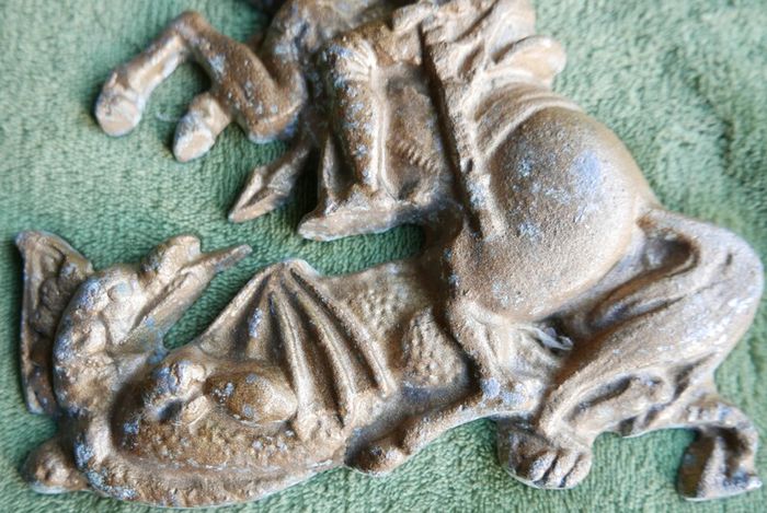 Vintage Aluminum Warrior Killing The Dragon Horseman Fighting With Dragon Reliev Figurine 9" X 7,5"