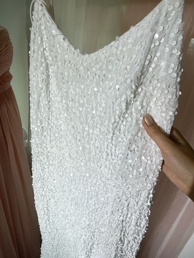 White Sequin-Embellished Spaghetti Strap Mermaid Evening Gown